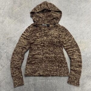 Woman's Brown Acrylic Pullover Hooded V Neck Sweater Indie Boho Granola Medium